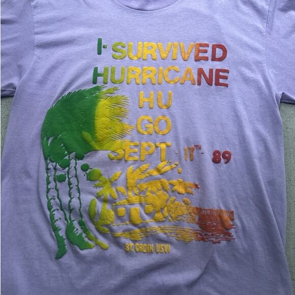 Vintage 1989 "I Survived Hugo" Blow Job Hurricane T Shirt Large Charlotte - Picture 2 of 5